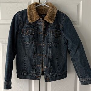 GAP Dark Blue Denim Jacket with Tan Faux Fur Collar
